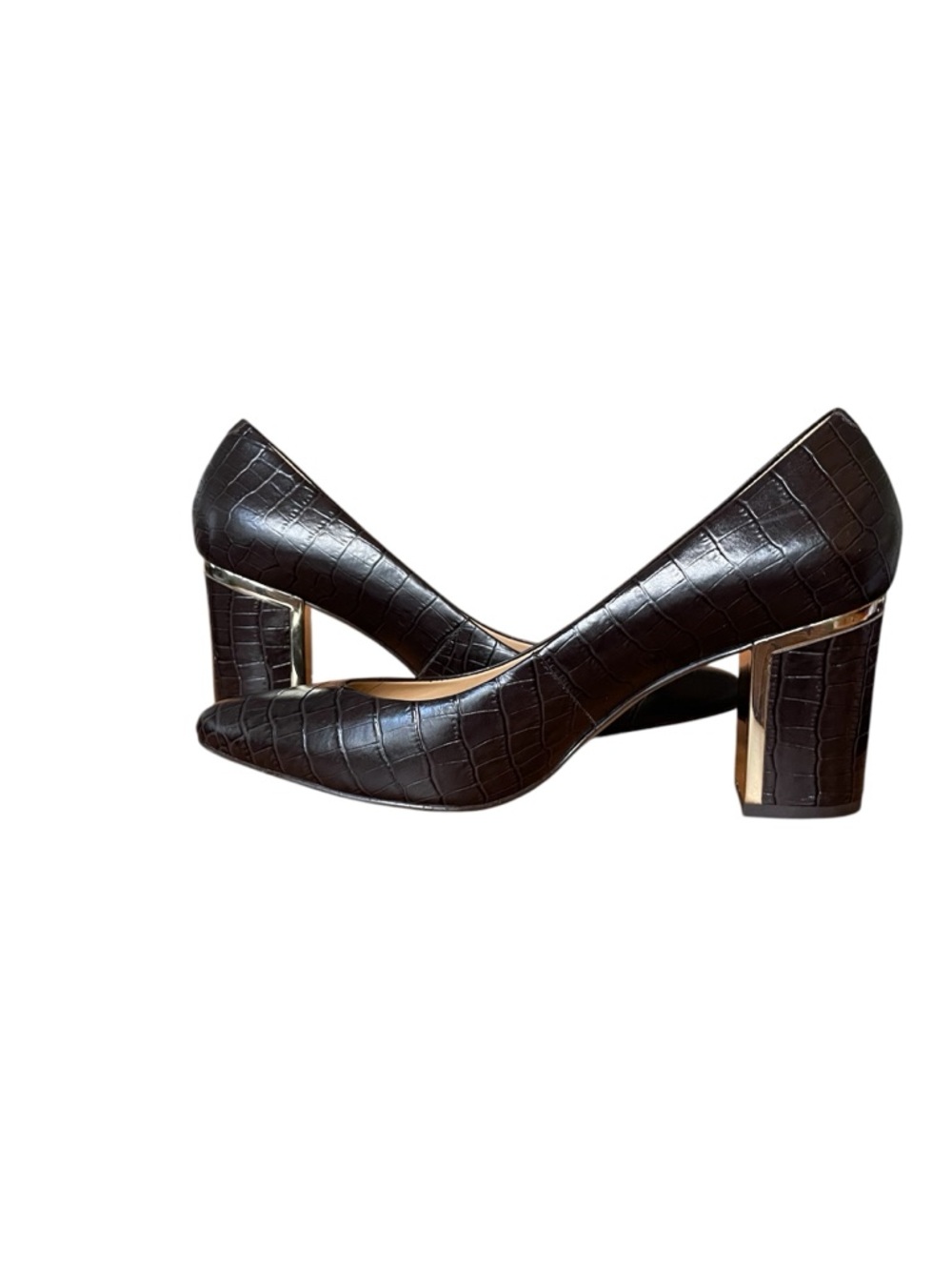 Talbots Brown Croc-Embossed Block Heels w/ gold accents. Size 7.5.